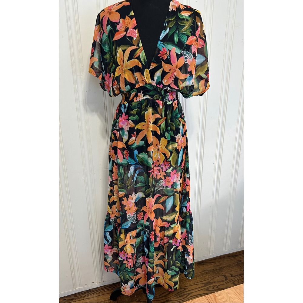 Blue Island Sheer Floral Maxi Black Tropical Boho Sheer Swim Cover Up Dress XS